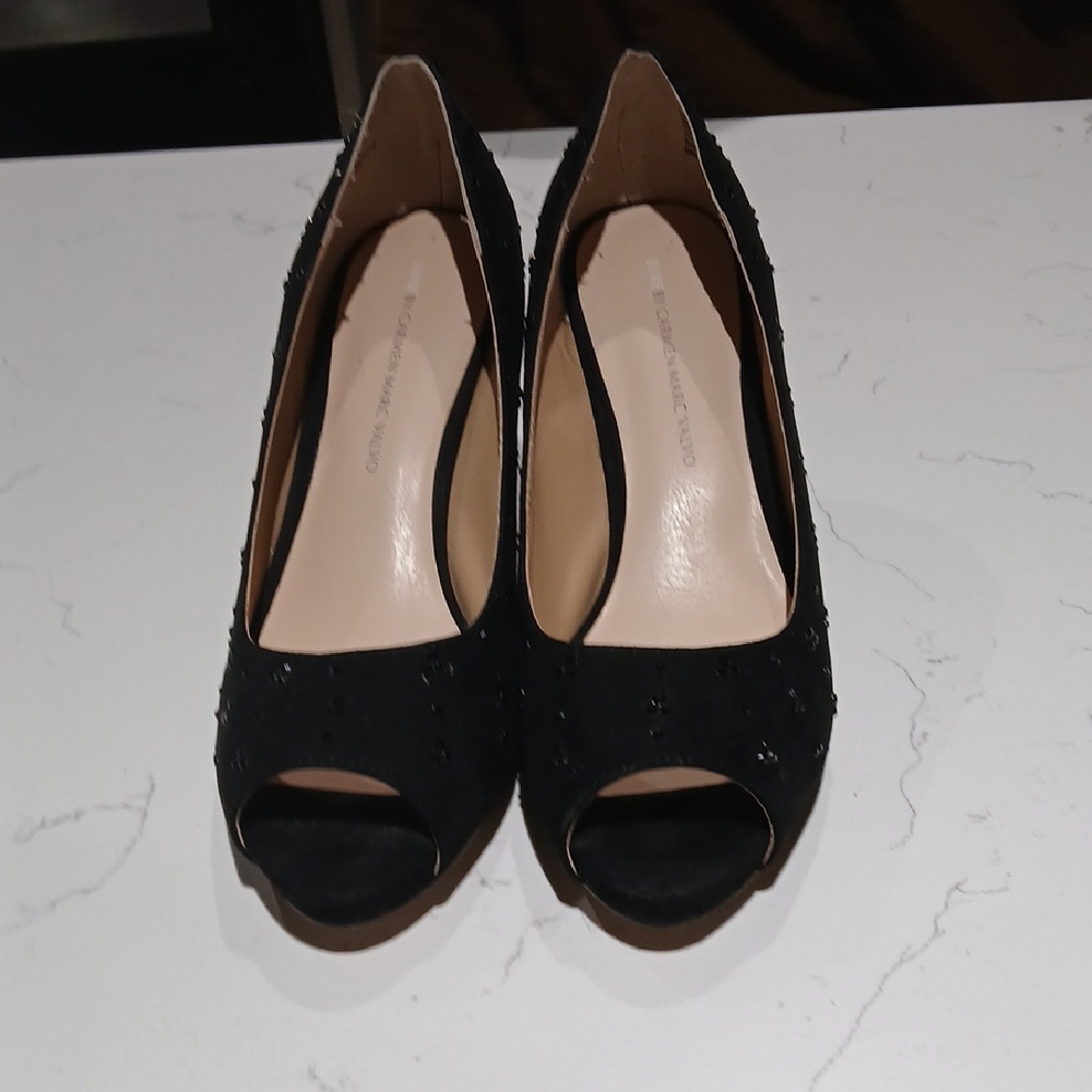 Carmen Marc Valvo Black Suede Peep-Toe Heels